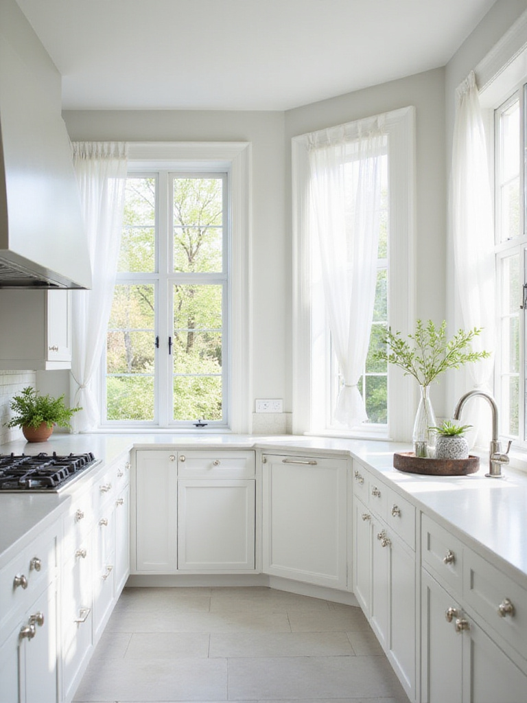 A bright, modern kitchen filled with natural light from large windows.