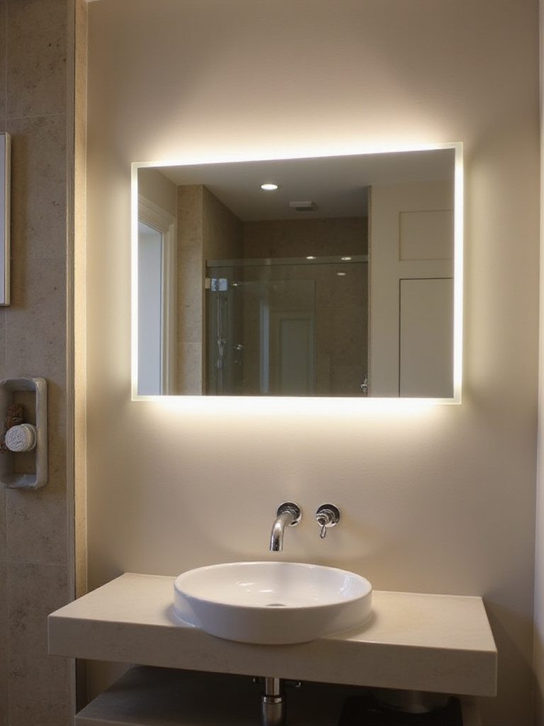 A modern bathroom showcasing a backlit mirror above a sleek vanity with soft illumination.
