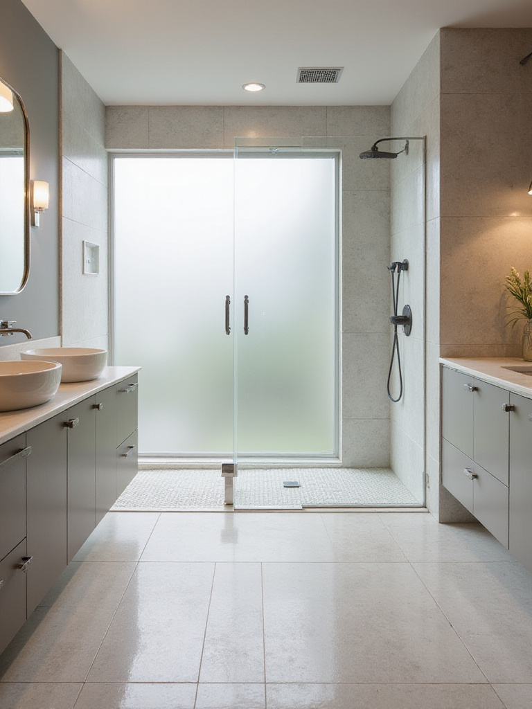 Luxurious curbless shower in a modern bathroom with seamless design and natural lighting.