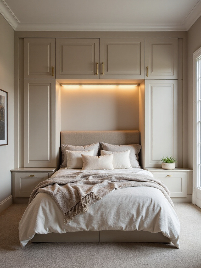 Small bedroom with seamless built-in storage solutions