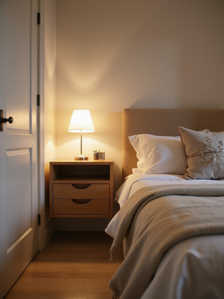 Small bedroom with floating nightstands and a neatly made bed