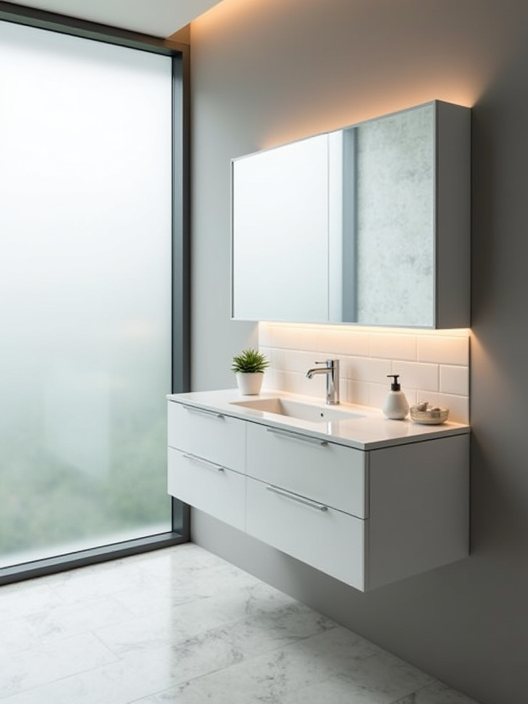 Modern bathroom with a floating vanity, showcasing open floor space and minimalist design.
