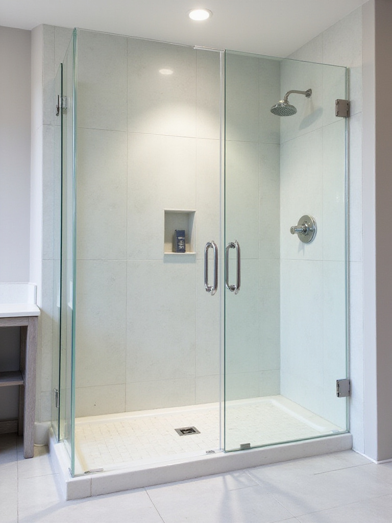 Modern bathroom featuring a frameless walk-in shower with clear glass panels and elegant tile work.