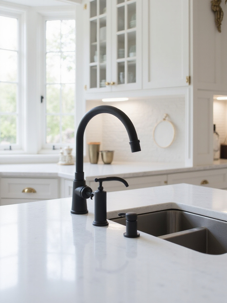 Elegant kitchen with modern hardware and fixtures showcasing a matte black faucet and brushed brass knobs.