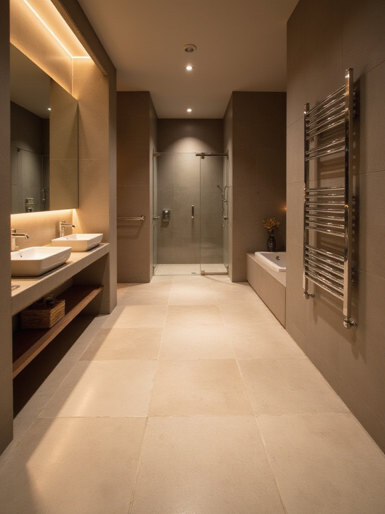 Luxurious modern bathroom with heated flooring showcasing warm tiles and elegant fixtures.