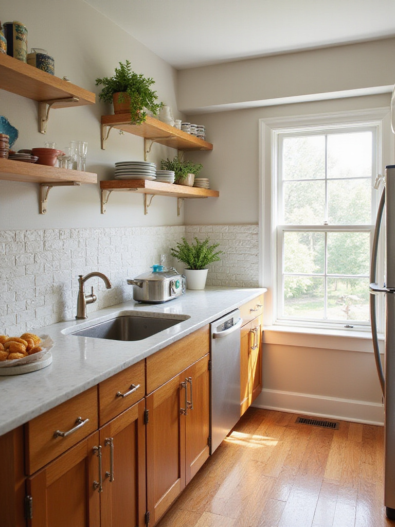 A stunning kitchen remodel featuring budget-friendly alternatives like laminate countertops, open shelving, and peel-and-stick backsplash.