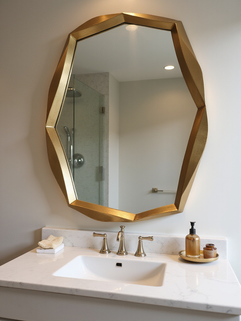 A contemporary bathroom featuring a unique oversized statement mirror with a brushed gold frame.