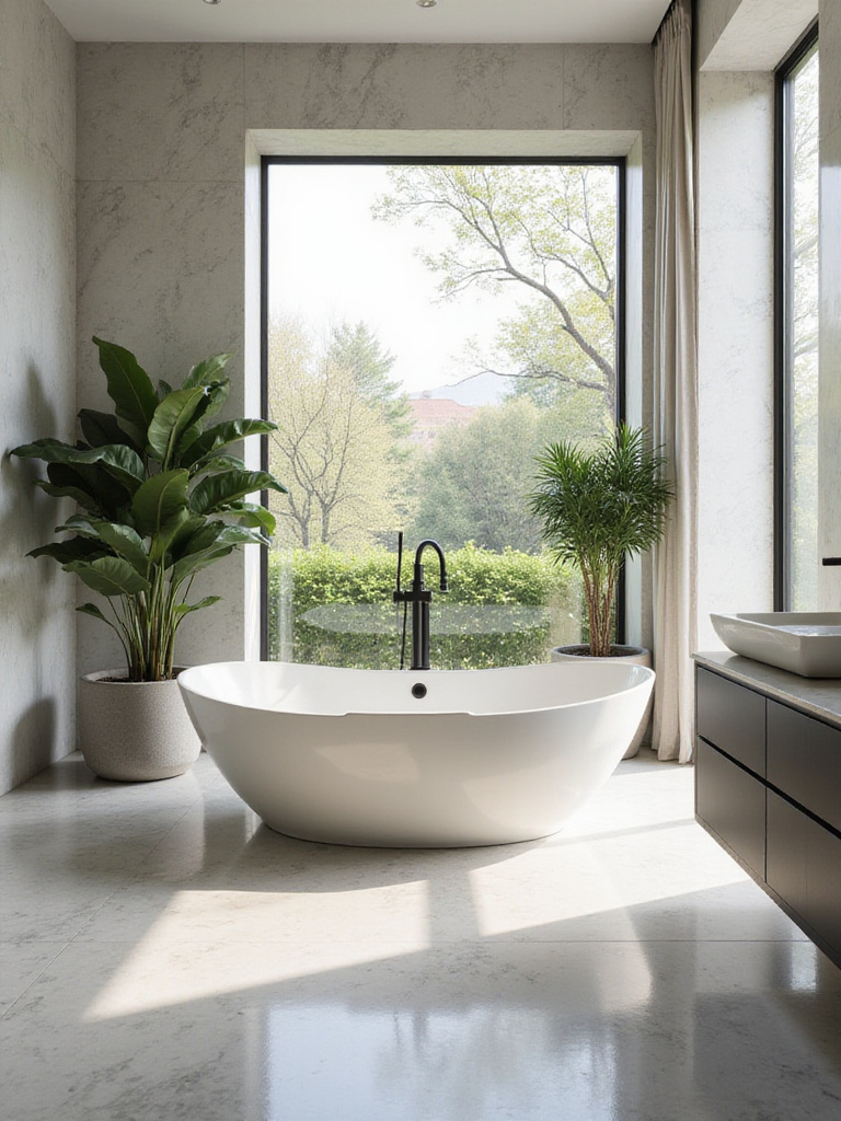 Luxurious bathroom featuring a sculptural freestanding bathtub with natural light and elegant decor.