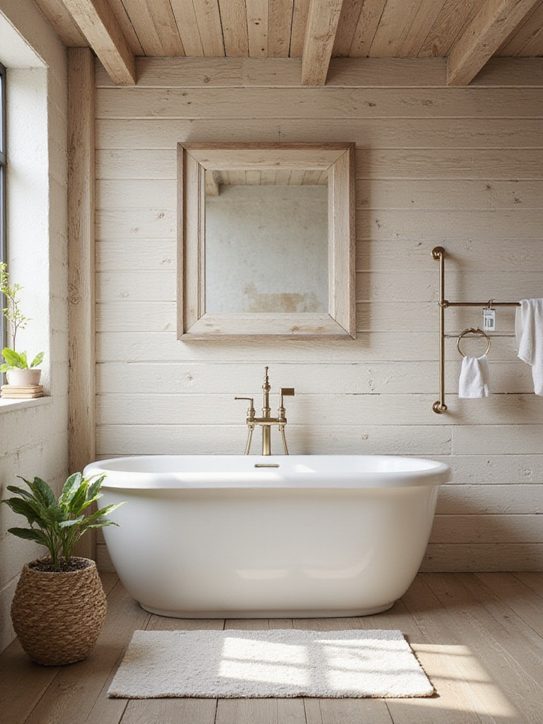 Rustic bathroom featuring textured shiplap walls illuminated by natural light.