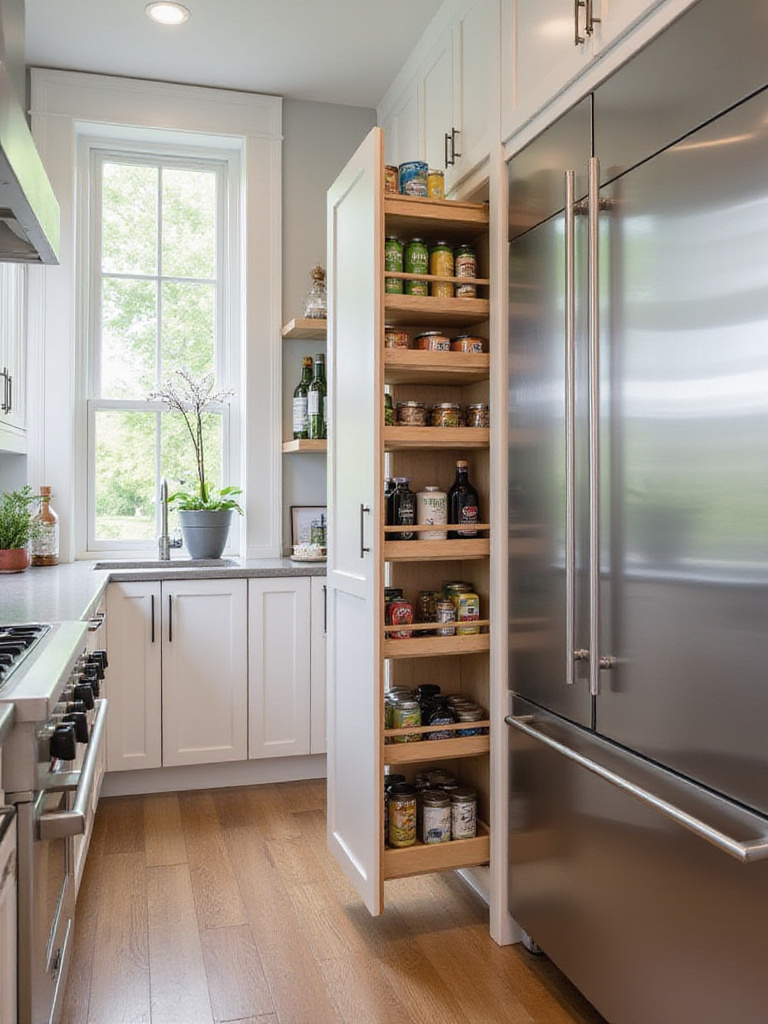 A modern kitchen with a fully extended slim pull-out pantry, displaying organized spices and canned goods.