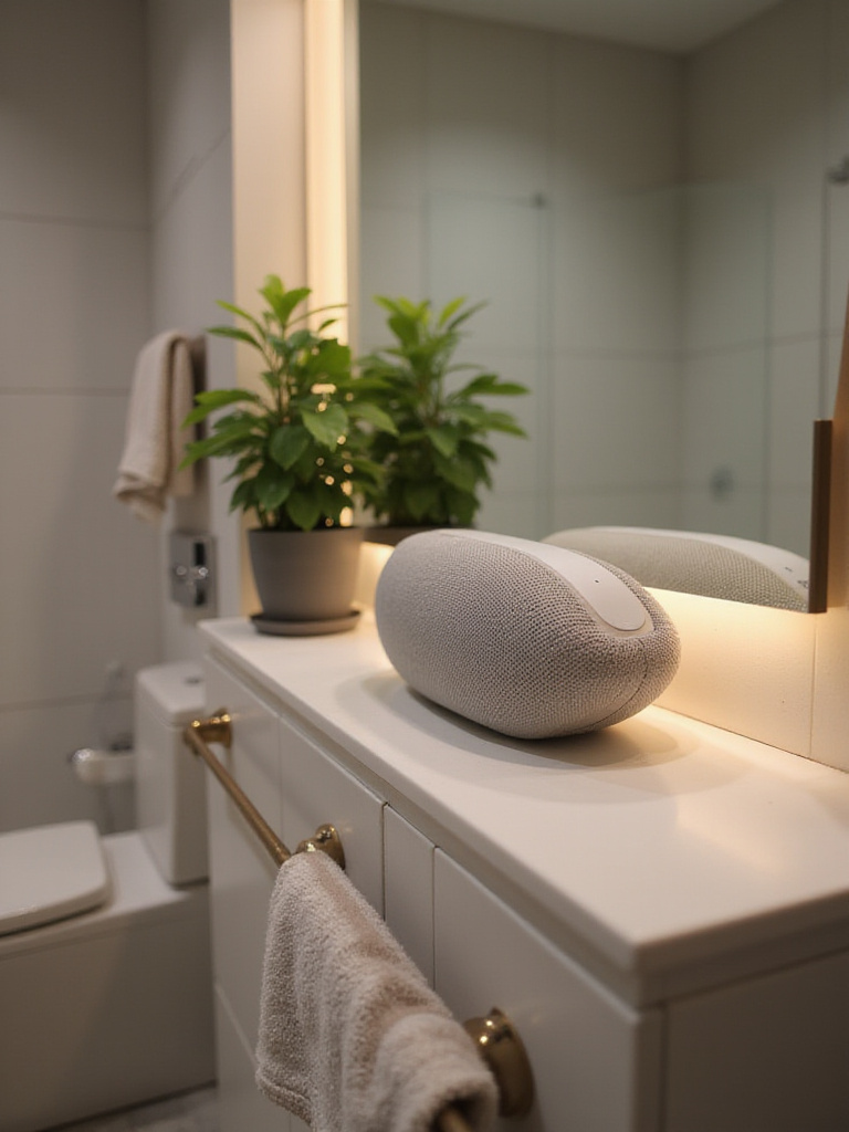Sleek smart speaker in a modern bathroom setting with ambient lighting
