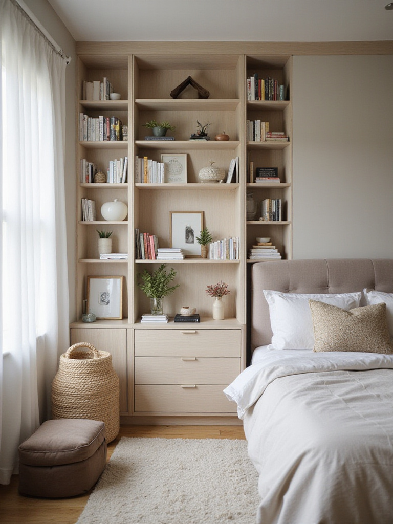 Cozy small bedroom with wall-mounted shelves and soft lighting