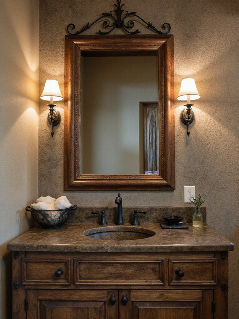Rustic bathroom with wrought iron fixtures and reclaimed wood vanity
