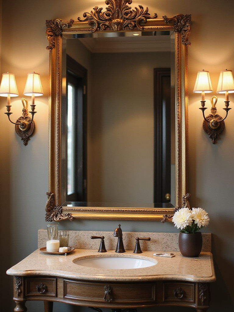 Elegant bathroom with a statement vanity mirror reflecting ambient light