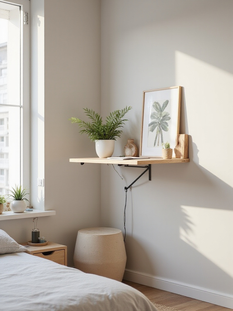 A small bedroom featuring a fold-down wall-mounted desk, showcasing a stylish and functional workspace.
