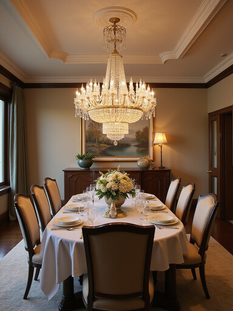 Luxurious dining room with a grand statement chandelier above a beautifully set dining table