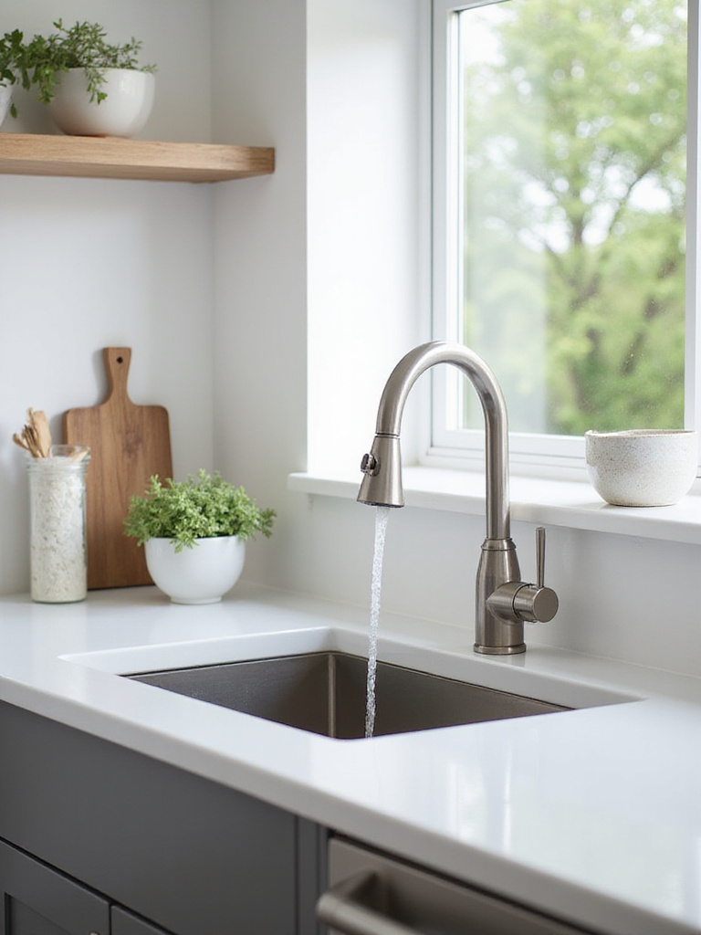 Modern kitchen with upgraded high-arch pull-down faucet and deep workstation sink