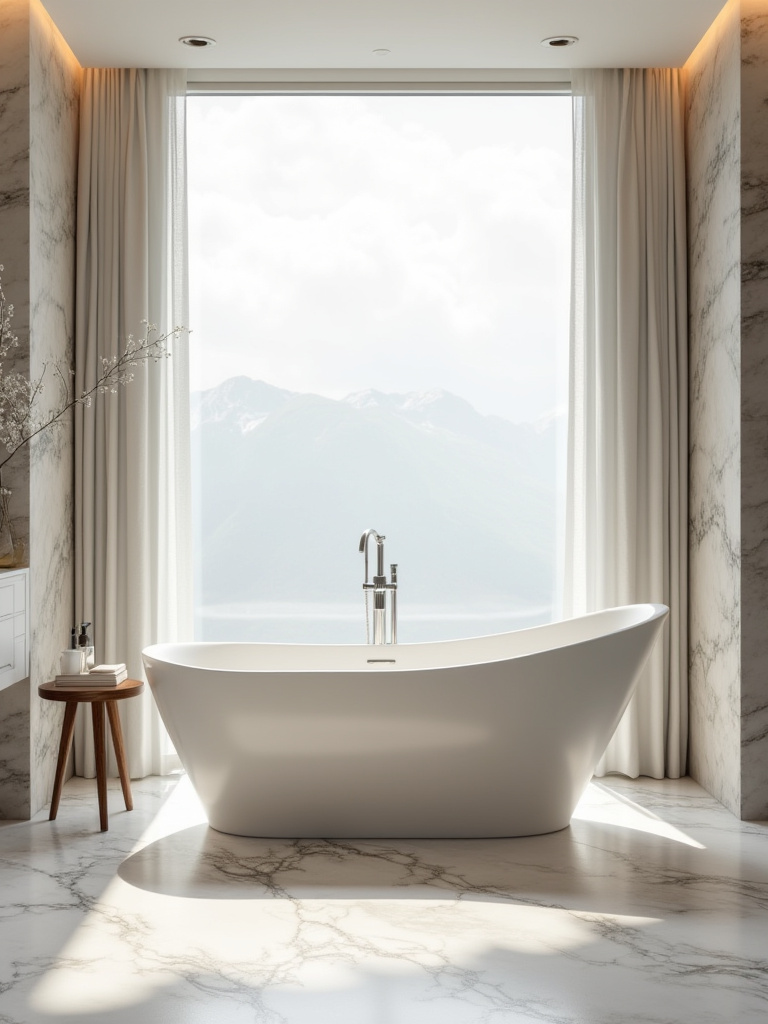 Freestanding soaking tub in a modern bathroom with natural light
