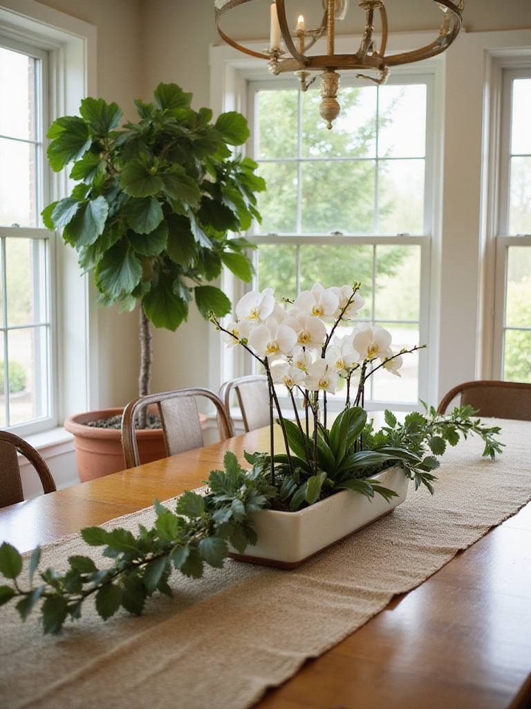 A stylish dining room featuring live plants and faux botanicals, with a focus on a Fiddle Leaf Fig and a decorative table arrangement.
