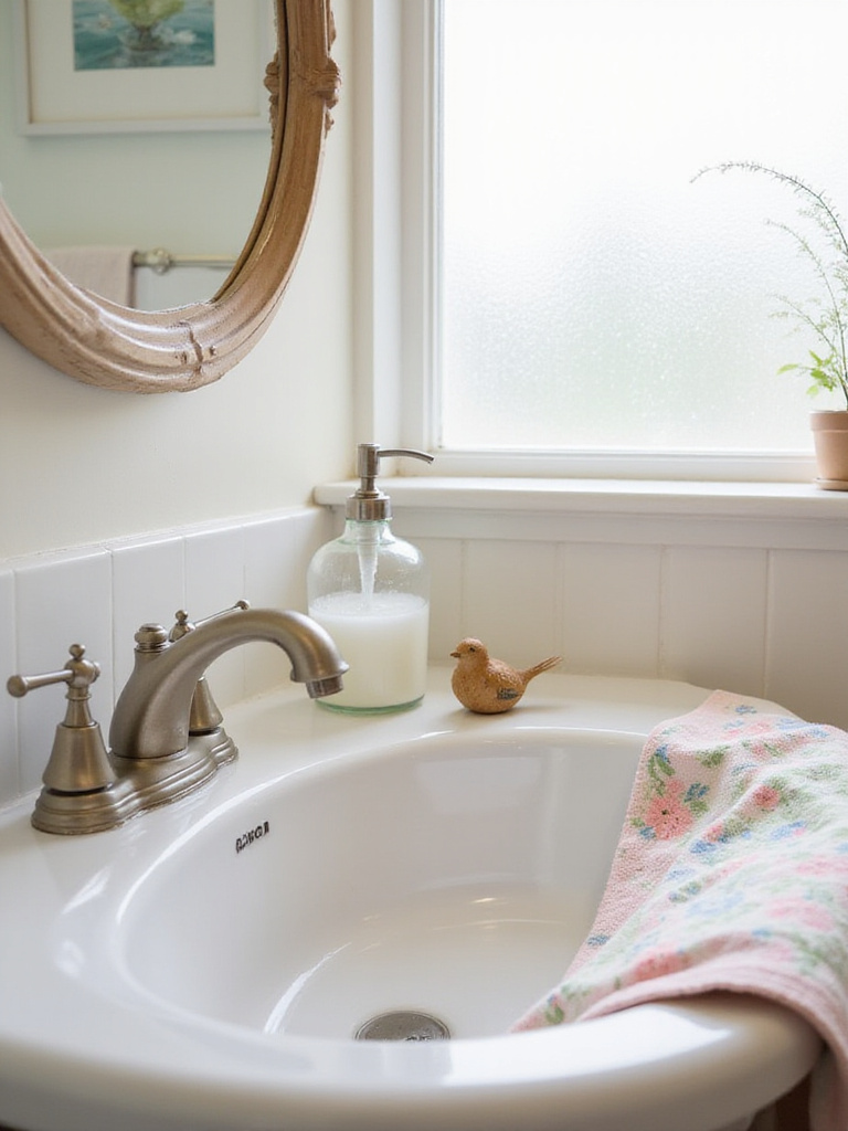 Bathroom sink decorated with seasonal accessories including a floral towel and glass soap dispenser.