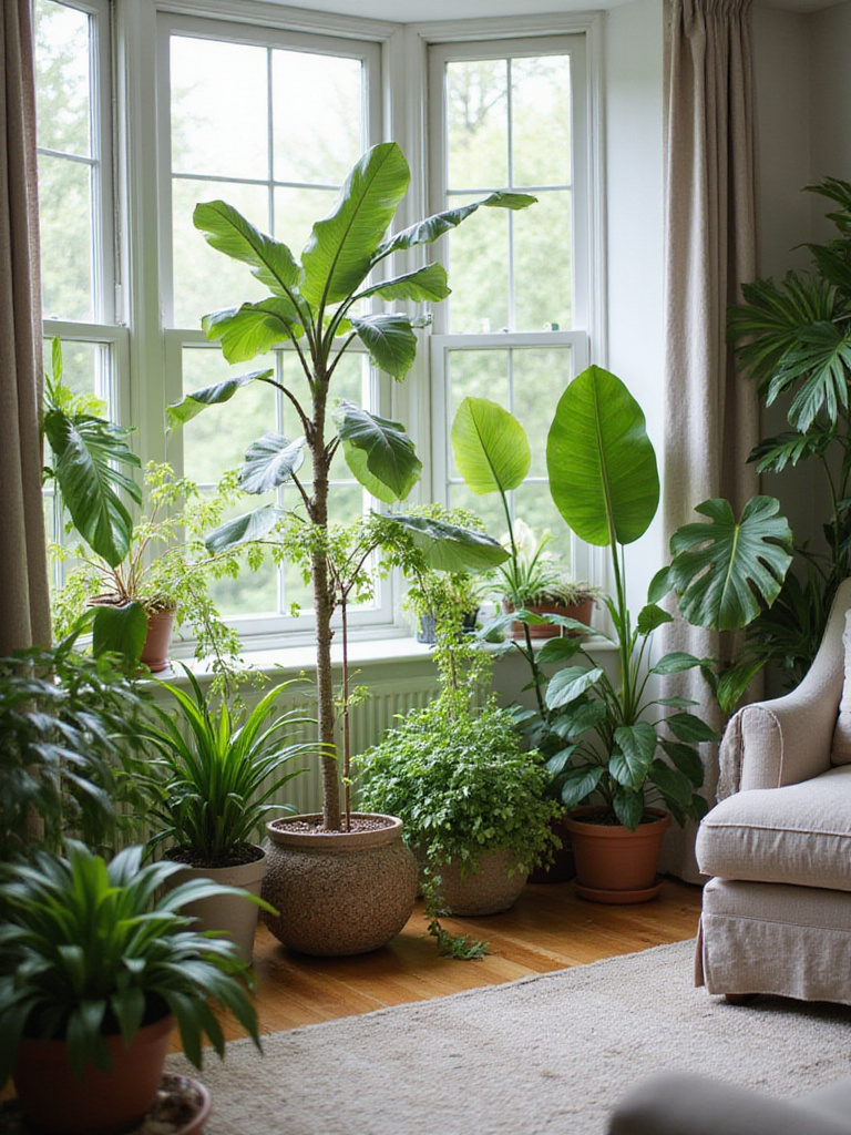 Living room with various indoor plants creating a vibrant and fresh atmosphere.