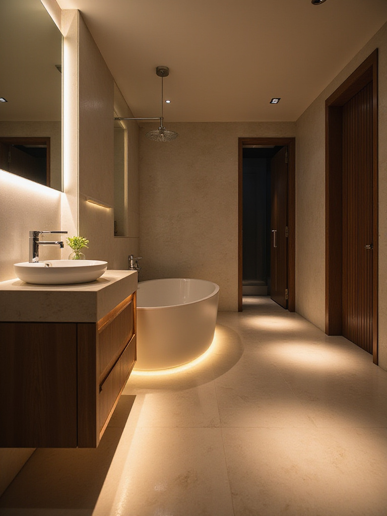 Modern bathroom showcasing smart lighting integration with various lighting zones.