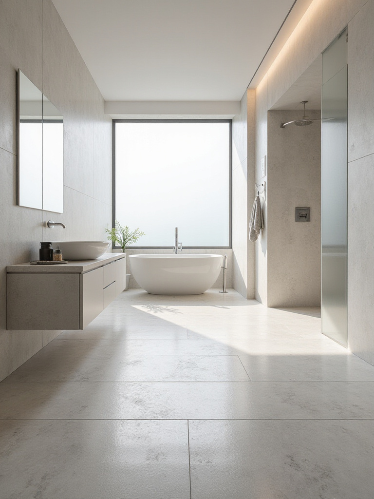 Contemporary bathroom featuring large format tiles with seamless design