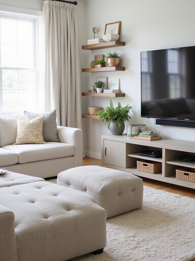 Organized living room with clever storage solutions including an ottoman and floating shelves