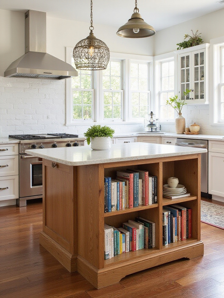 Integrated Island Bookcases showcasing a mini-library in a stylish kitchen