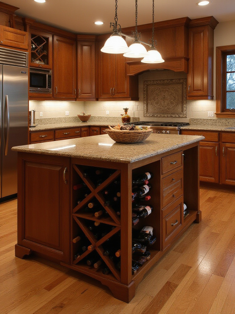 Elegant kitchen island with integrated wine bottle racks showcasing a wine collection.