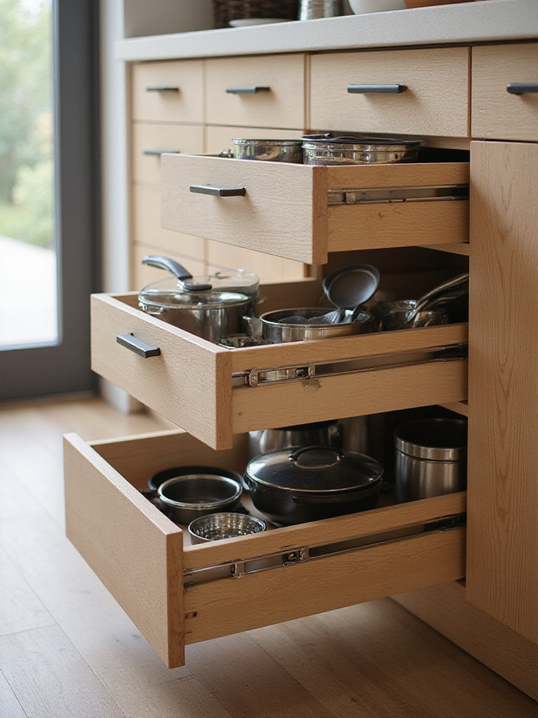 Modern kitchen cabinet with internal drawers showcasing organized pots and pans