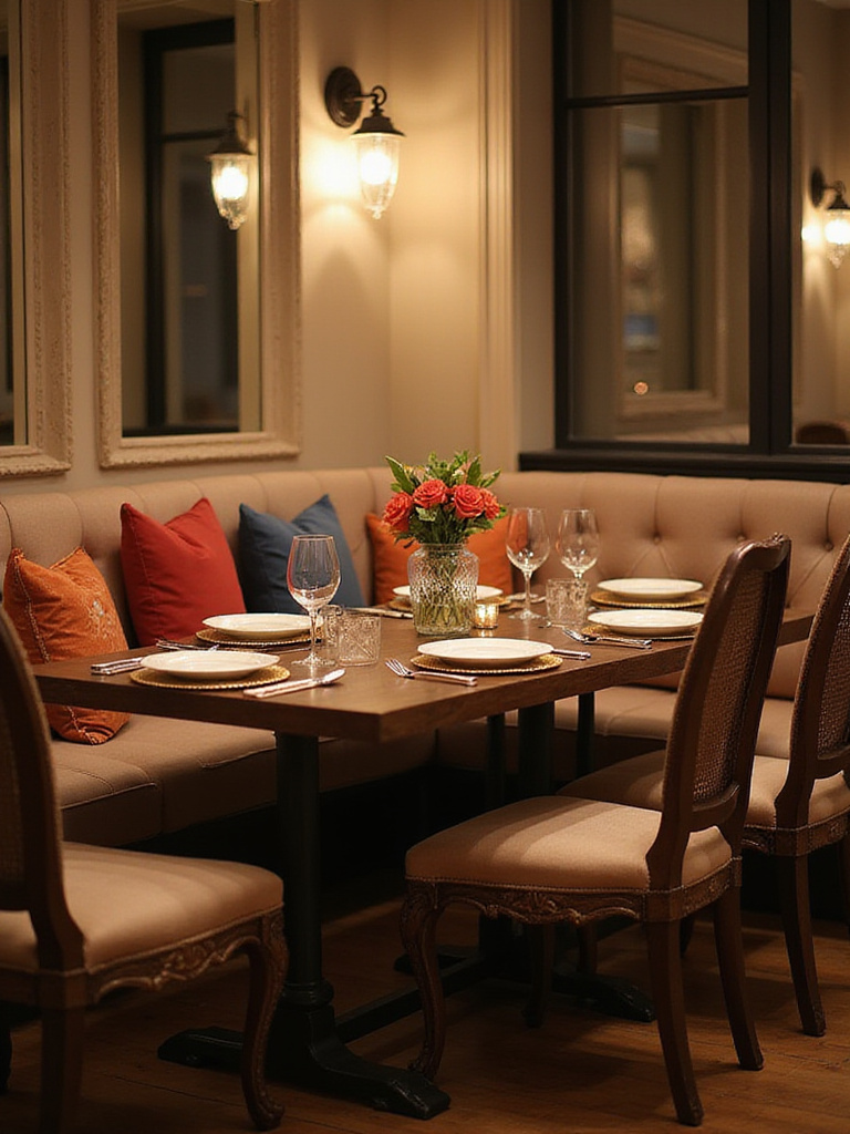 Stylish dining room with cushioned chairs and upholstered benches, showcasing comfort and texture