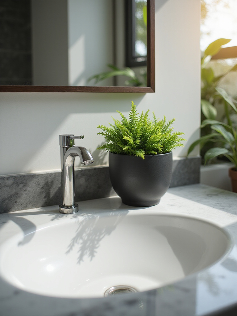 Stylish bathroom sink with a small potted ZZ plant in a matte black ceramic pot.