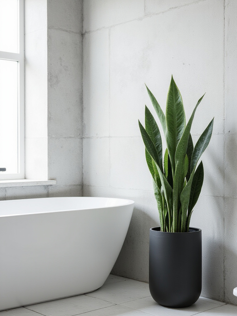 Modern bathroom with minimalist greenery featuring a Snake Plant next to a freestanding bathtub