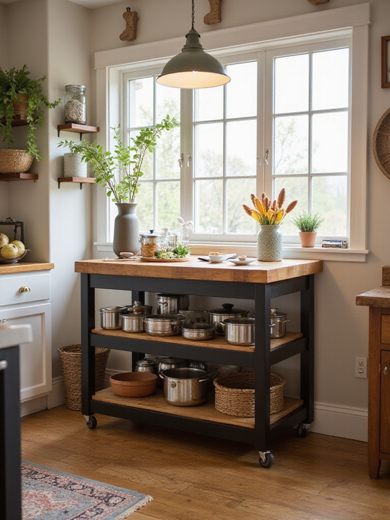 Mobile kitchen island with butcher block top in a cozy kitchen