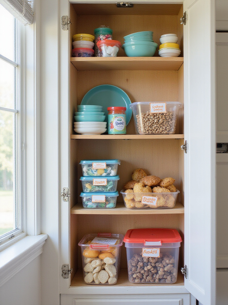 Organized kitchen cabinet with kid-friendly snacks and dishes