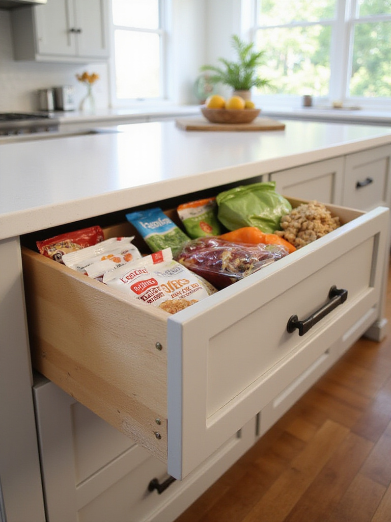 Kid-friendly snack drawer filled with healthy snacks at child height