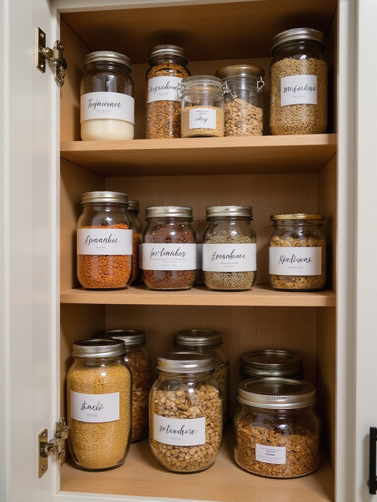 An organized kitchen cabinet with clearly labeled jars and containers, showcasing effective labeling for easy item identification.