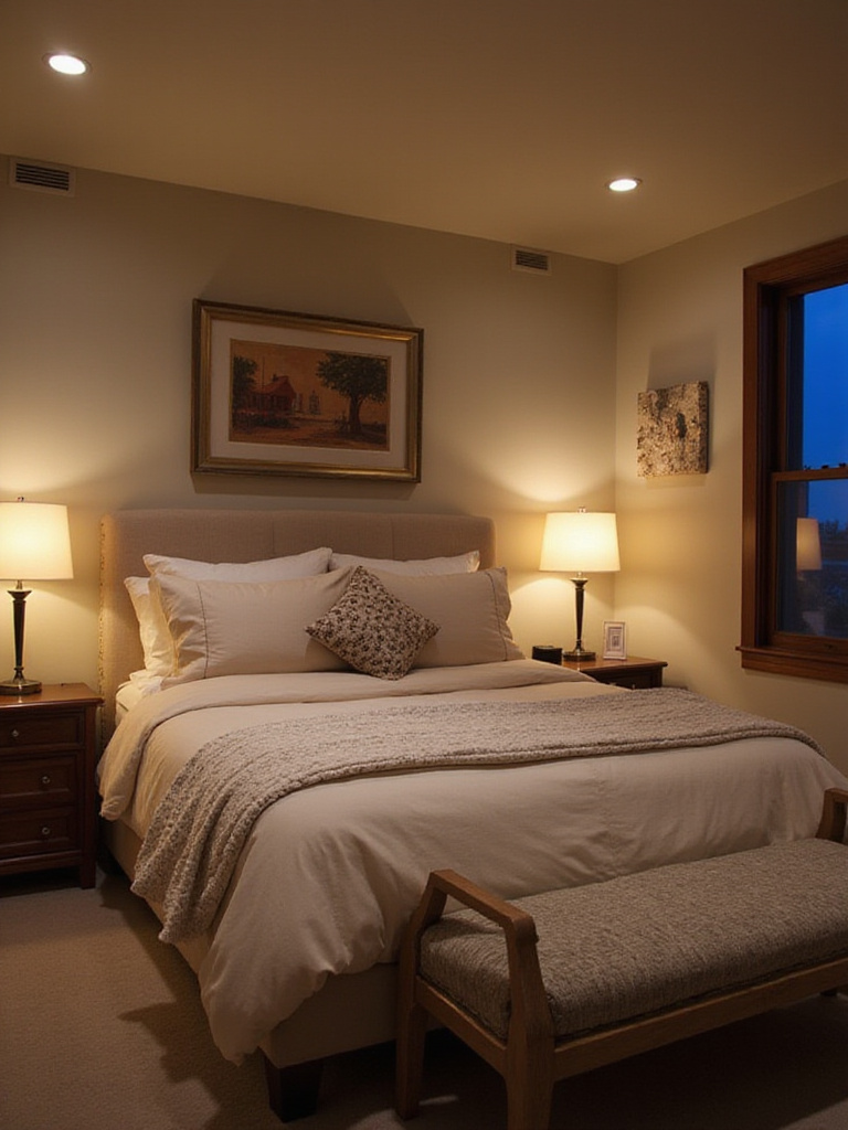 Cozy bedroom with layered lighting showcasing ambient, task, and accent lights.