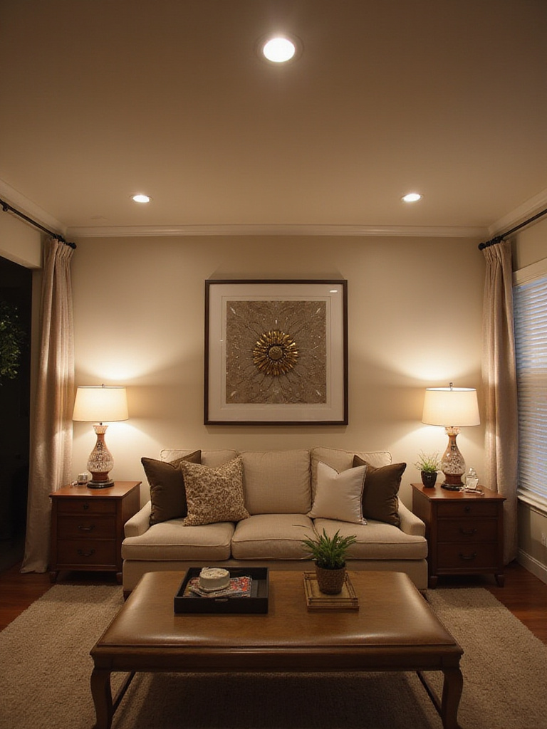 A cozy living room with layered lighting including ambient, task, and accent lights.