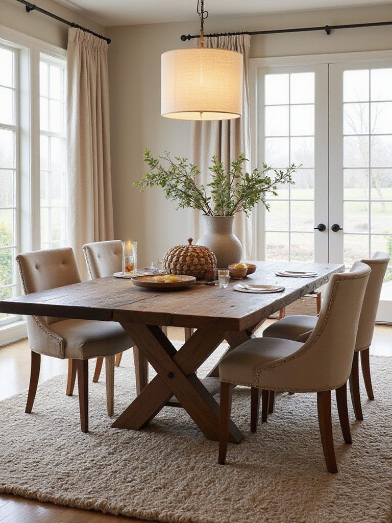 A stylish dining room showcasing layered textures with a reclaimed wood table, velvet chairs, and a chunky knit rug.