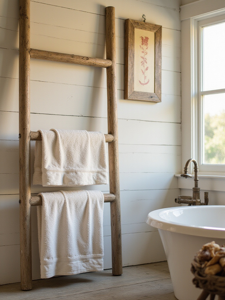 Rustic bathroom scene with a wooden ladder and towels