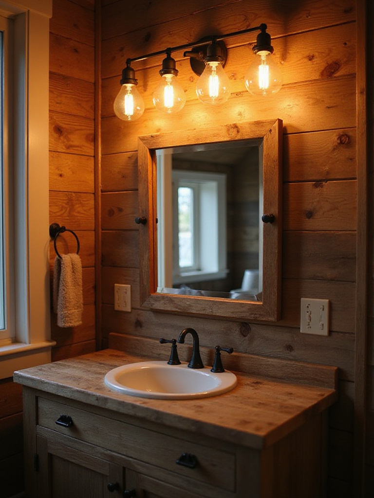 Rustic bathroom with warm Edison bulb fixtures illuminating reclaimed wood vanity and shiplap walls.