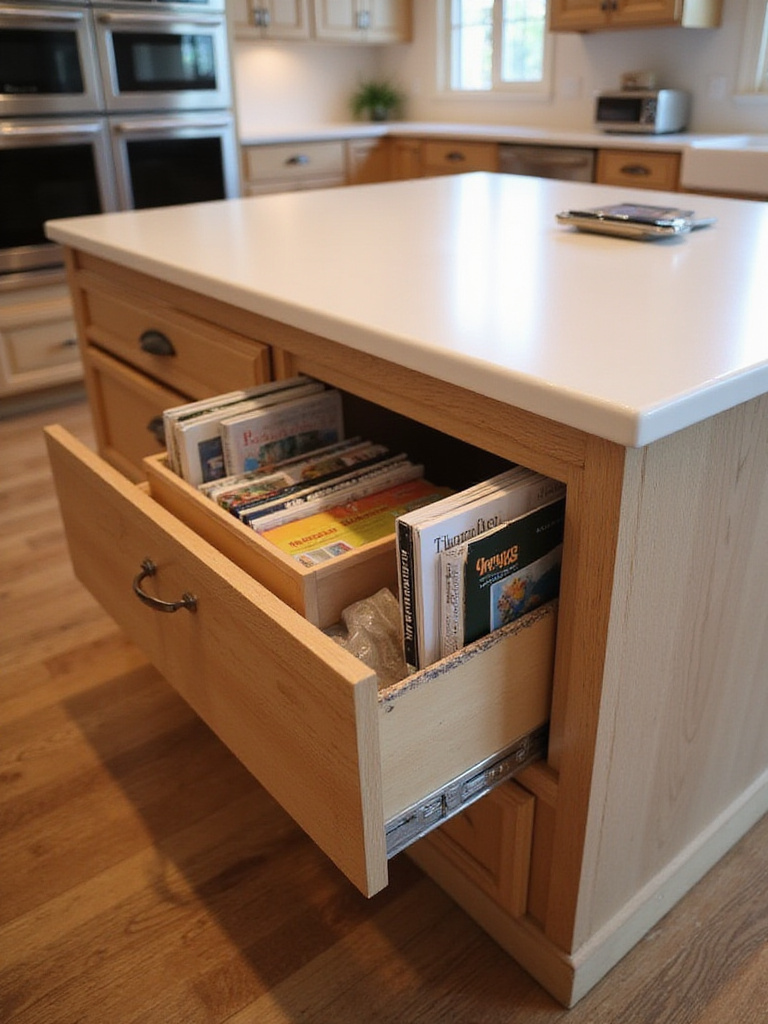 A modern kitchen island with an organized magazine or homework nook for easy access to reading materials.