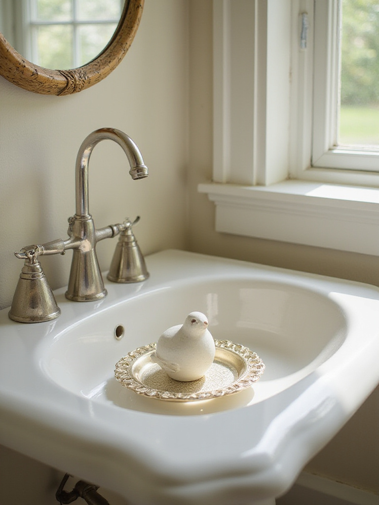 Elegant bathroom sink decor featuring a meaningful personal item on a tray