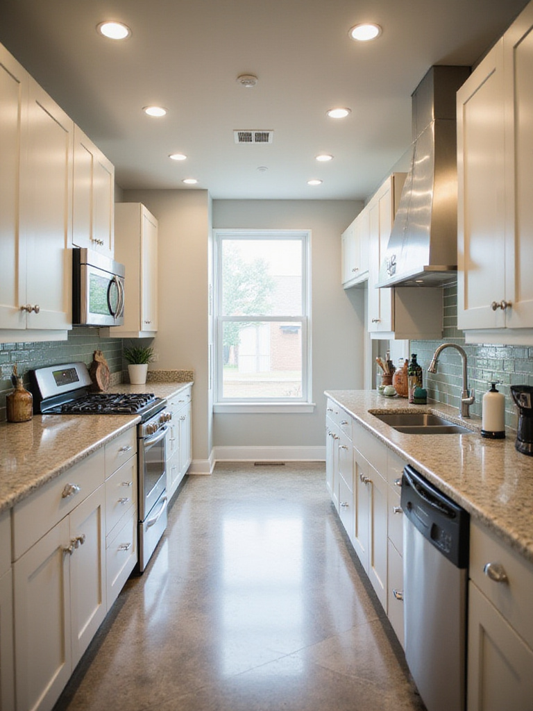 A pristine kitchen with organized cabinets and shining surfaces, demonstrating effective ongoing maintenance.