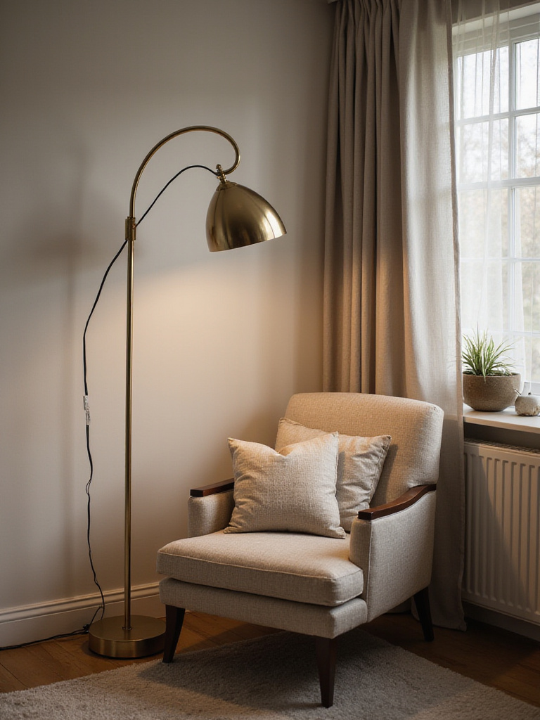 A modern arc floor lamp illuminating a cozy reading nook in a stylish bedroom.