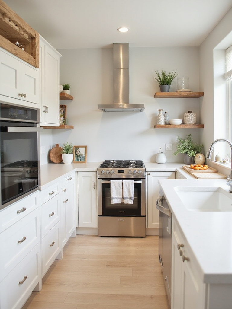 Stylish small kitchen design with efficient storage solutions and bright lighting