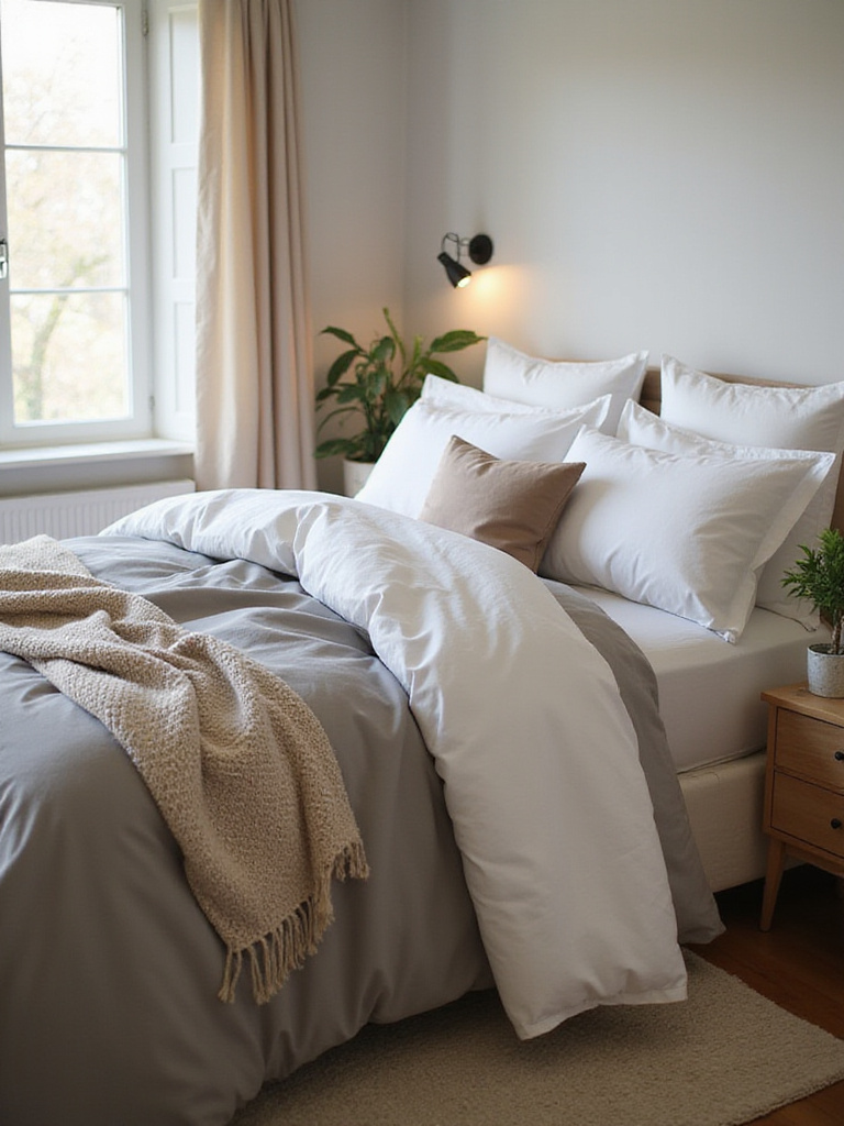 Luxuriously layered bedding in a stylish bedroom setting