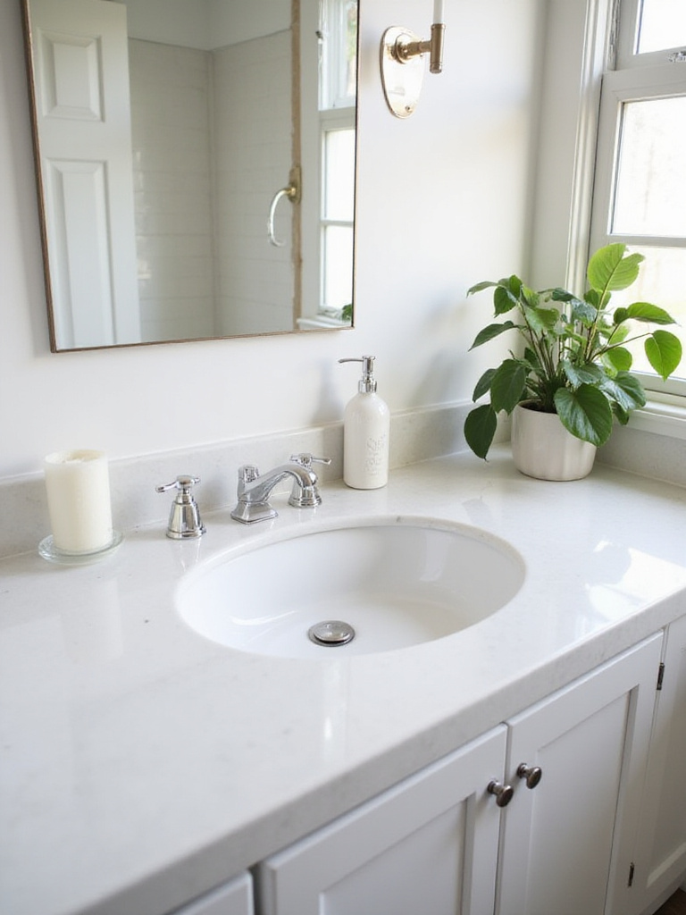 Organized bathroom sink area with minimalist decor and natural lighting
